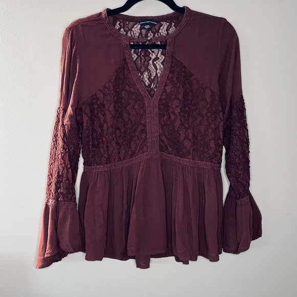 American Eagle Outfitters Tops - [L] American Eagle Lace Peplum Blouse with Bell Sleeves | Burgundy